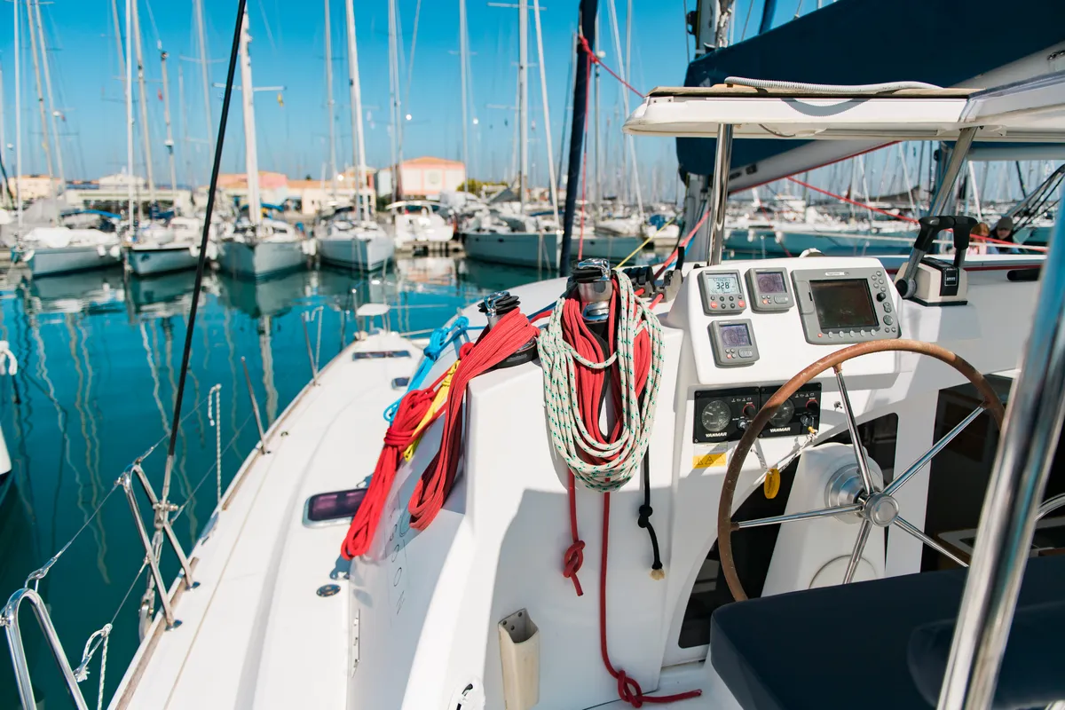 Cockpit of Zen (Pax 10), a Lagoon 380 S2 catamaran at Municipal Unit of Lefkada, Greece