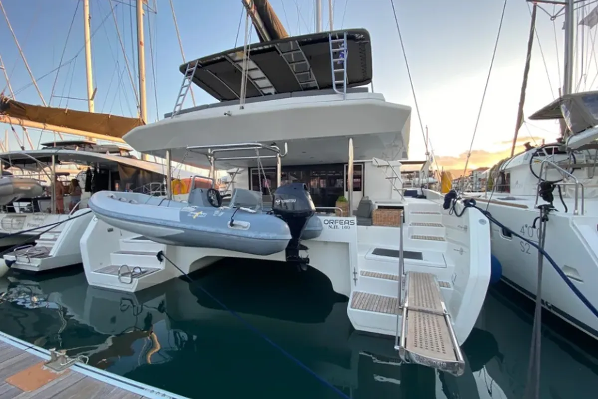 Exterior view of Orfeas, a Dufour 48 Catamaran catamaran at Municipal Unit of Lefkada, Greece