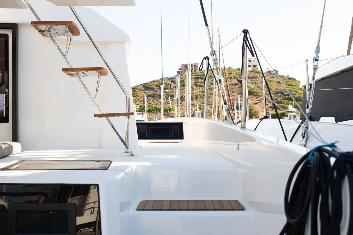 Deck of Orfeas, a Dufour 48 Catamaran catamaran at Municipal Unit of Lefkada, Greece