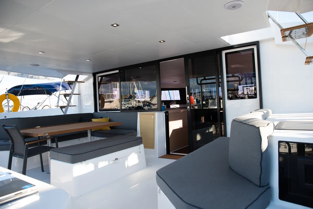 Deck of Orfeas, a Dufour 48 Catamaran catamaran at Municipal Unit of Lefkada, Greece