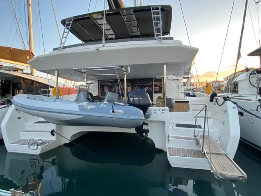 Exterior view of Orfeas, a Dufour 48 Catamaran catamaran at Municipal Unit of Lefkada, Greece