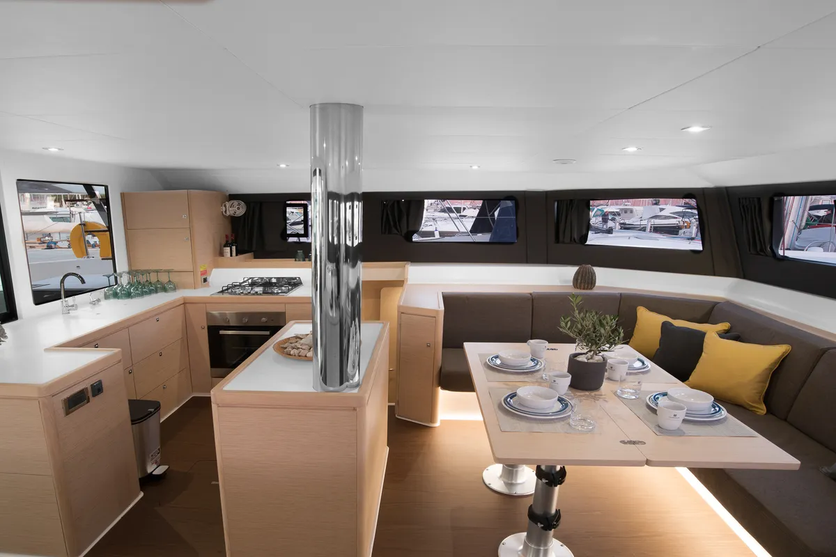 Salon of Orfeas, a Dufour 48 Catamaran catamaran at Municipal Unit of Lefkada, Greece