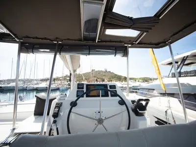 Cockpit of Orfeas, a Dufour 48 Catamaran catamaran at Municipal Unit of Lefkada, Greece