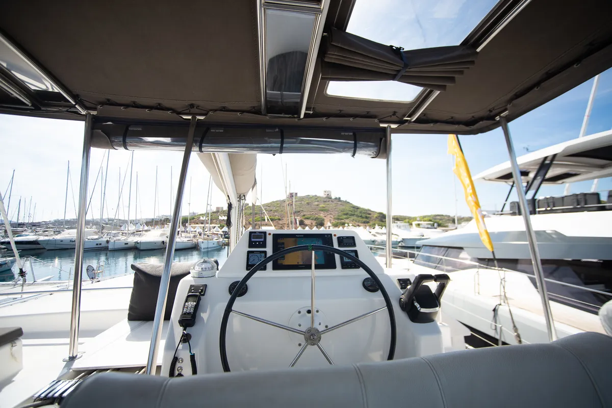 Cockpit of Orfeas, a Dufour 48 Catamaran catamaran at Municipal Unit of Lefkada, Greece