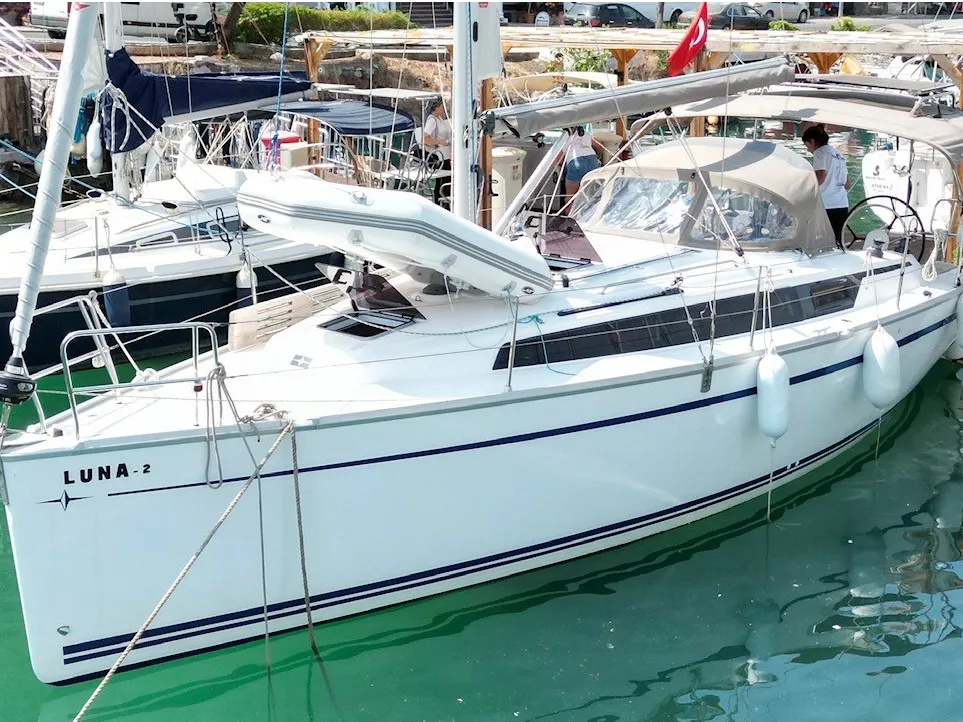 Exterior view of Luna 2, a Bavaria 34 Cruiser sailboat at Fethiye, Turkey