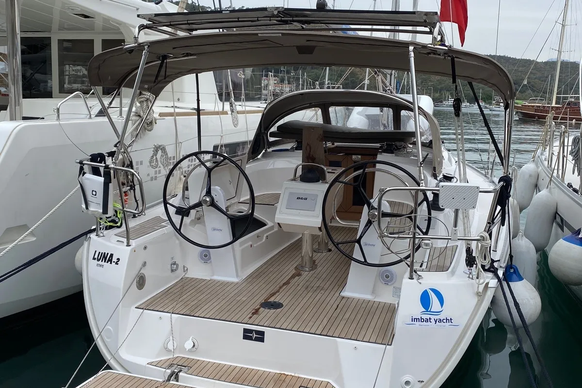 Cockpit of Luna 2, a Bavaria 34 Cruiser sailboat at Fethiye, Turkey