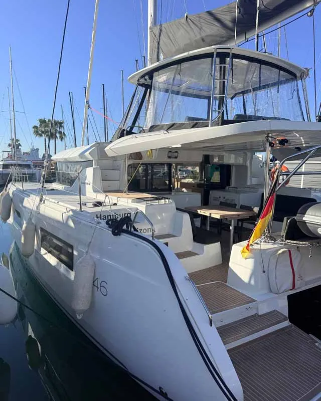 Deck of New Horizons, a Lagoon 46 catamaran at Palma de Mallorca, Spain