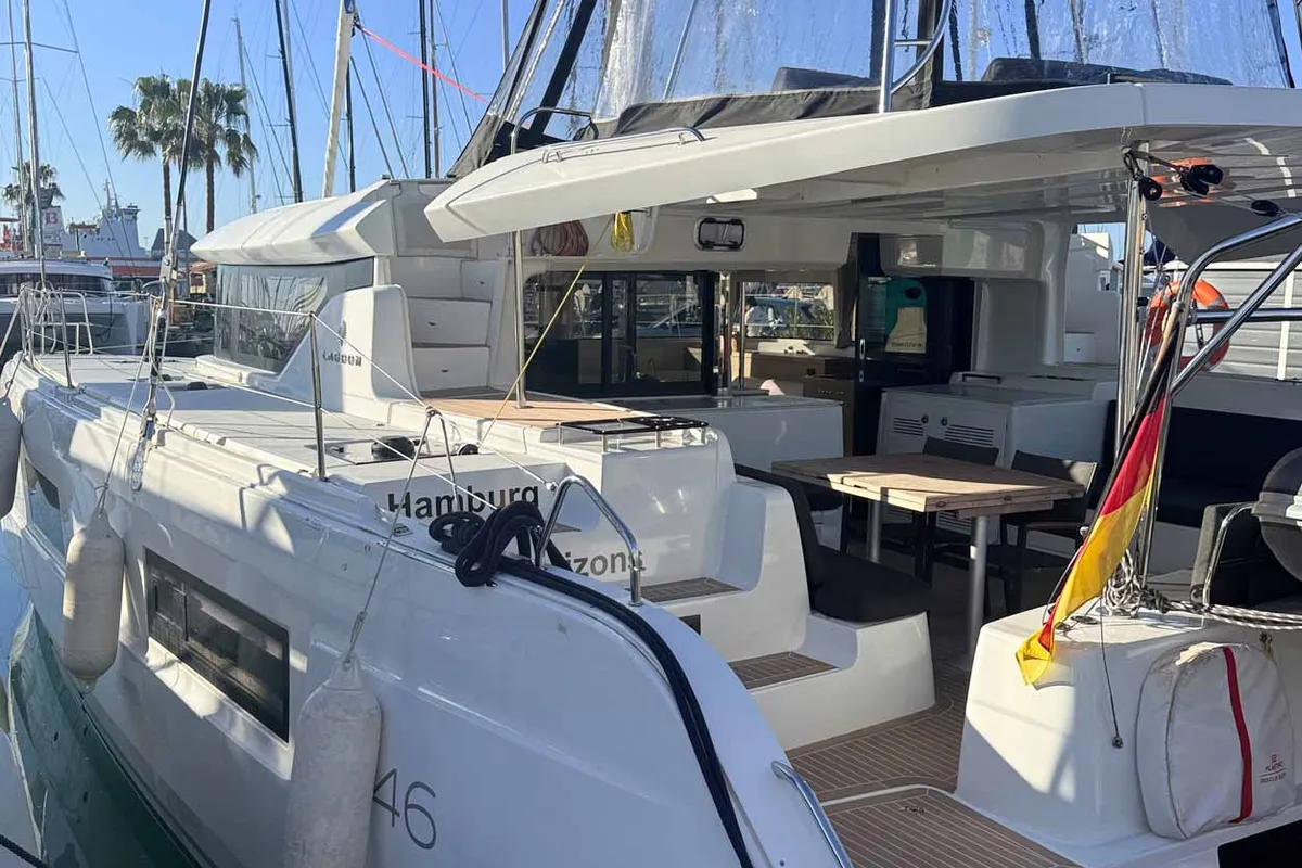 Deck of New Horizons, a Lagoon 46 catamaran at Palma de Mallorca, Spain