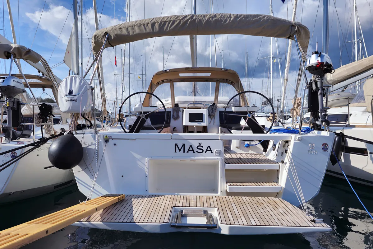 Exterior view of Maša, a Dufour 390 GL sailboat at Općina Rogoznica, Croatia