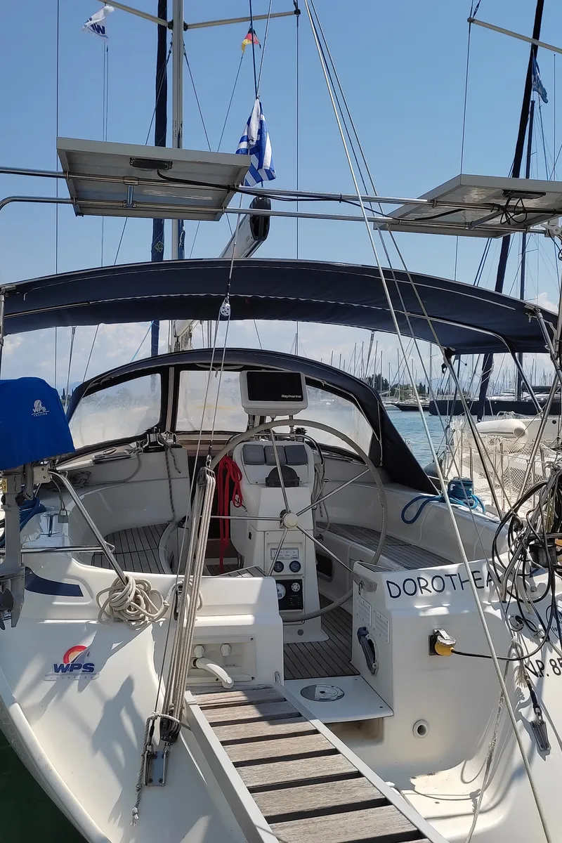 Cockpit of Dorothea, a Bavaria 41 sailboat at Kontokali, Greece