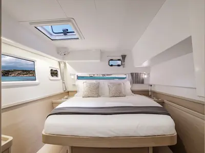 Cabin on Pitagora, a Lagoon 42 catamaran at Olbia, Italy
