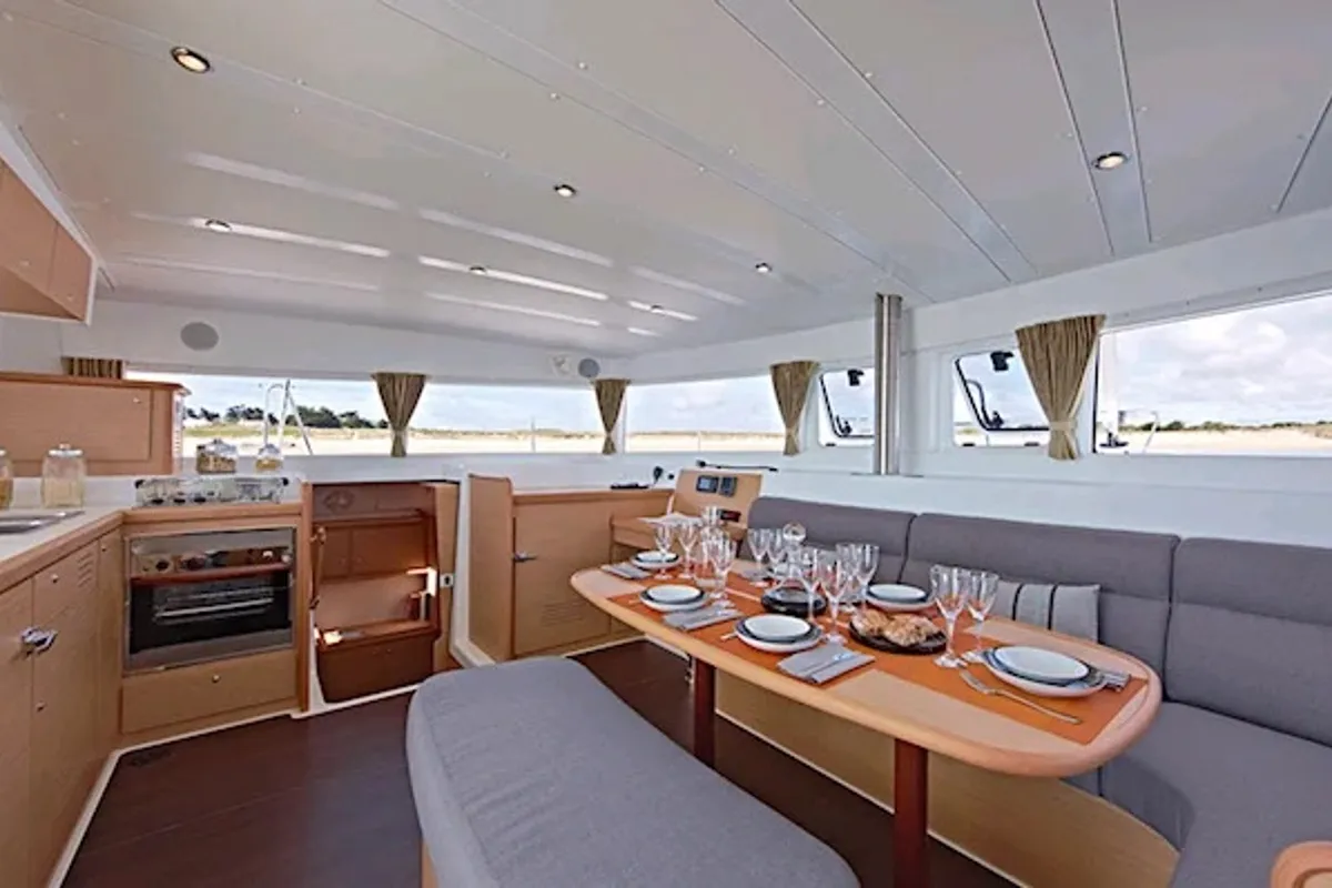 Salon of Pitagora, a Lagoon 42 catamaran at Olbia, Italy