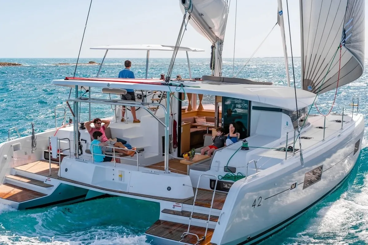 Exterior view of Pitagora, a Lagoon 42 catamaran at Olbia, Italy