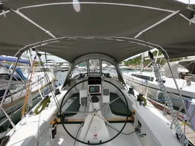 Cockpit of Gipsy, a Bavaria 38 Match sailboat at Primošten, Croatia
