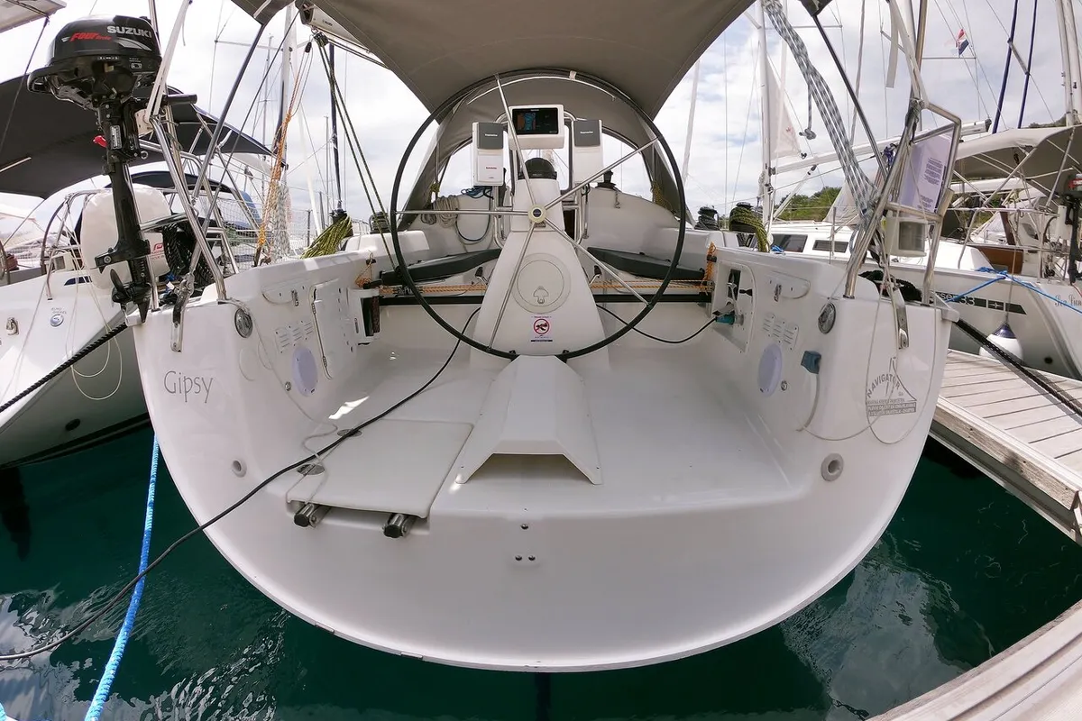 Exterior view of Gipsy, a Bavaria 38 Match sailboat at Primošten, Croatia