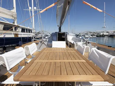 Deck of Meliti, a Joubert and Nivelt Garcia Yachts 86 sailboat at Athens, Greece