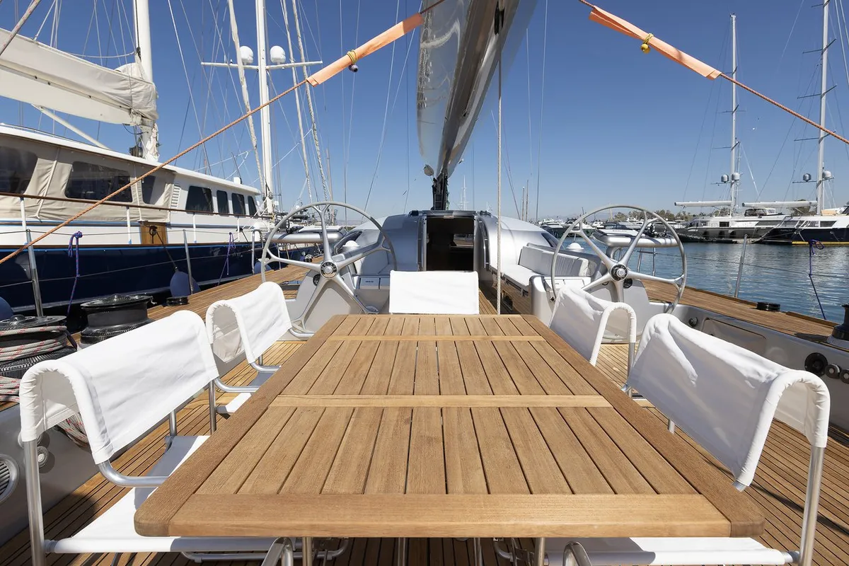 Deck of Meliti, a Joubert and Nivelt Garcia Yachts 86 sailboat at Athens, Greece