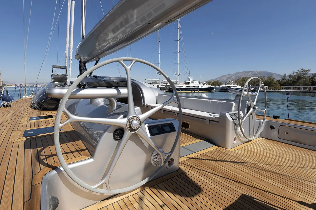 Cockpit of Meliti, a Joubert and Nivelt Garcia Yachts 86 sailboat at Athens, Greece