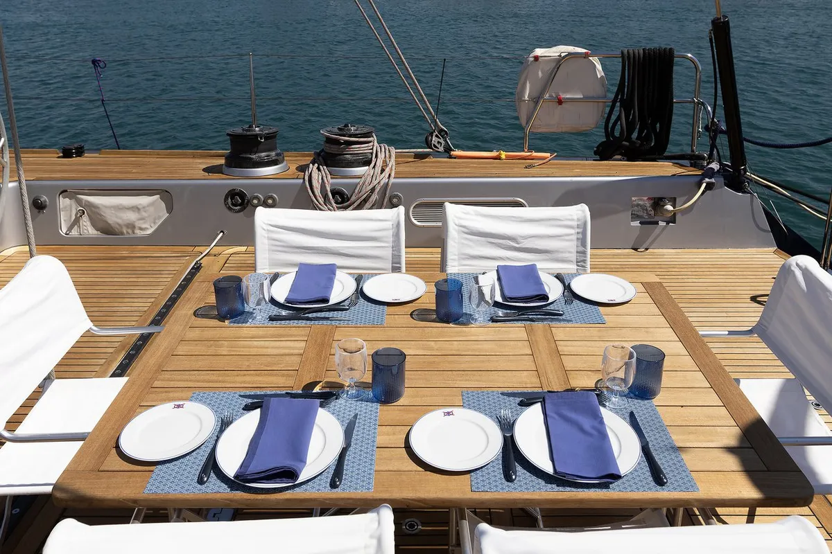 Deck of Meliti, a Joubert and Nivelt Garcia Yachts 86 sailboat at Athens, Greece