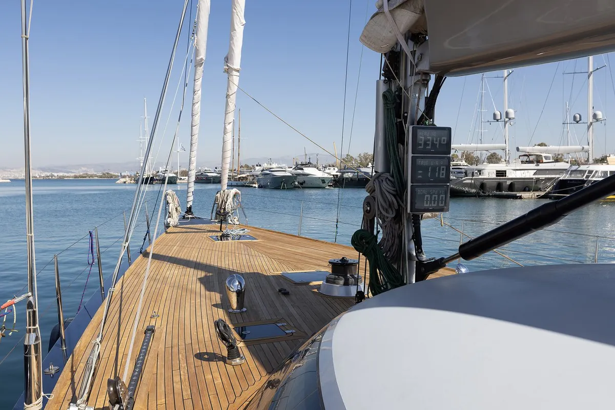 Deck of Meliti, a Joubert and Nivelt Garcia Yachts 86 sailboat at Athens, Greece