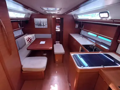 Salon of Pandeia, a Dufour 450 Grand Large sailboat at Marmaris, Turkey