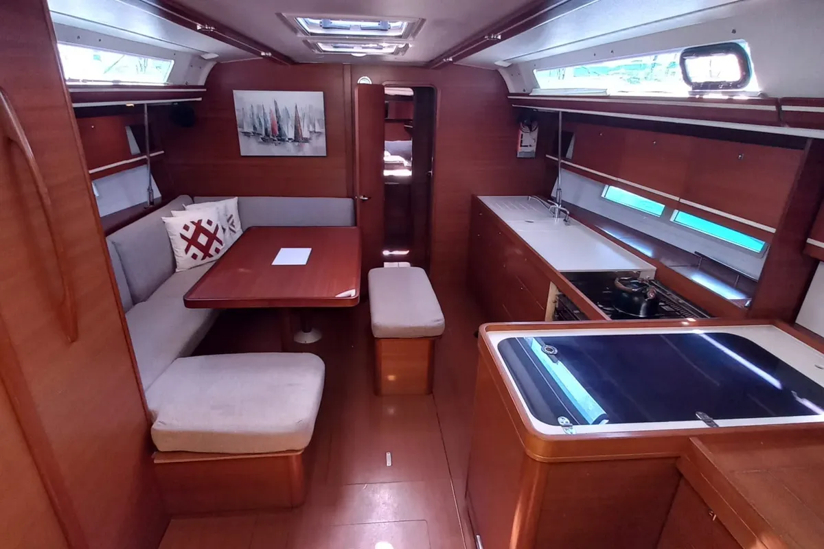 Salon of Pandeia, a Dufour 450 Grand Large sailboat at Marmaris, Turkey
