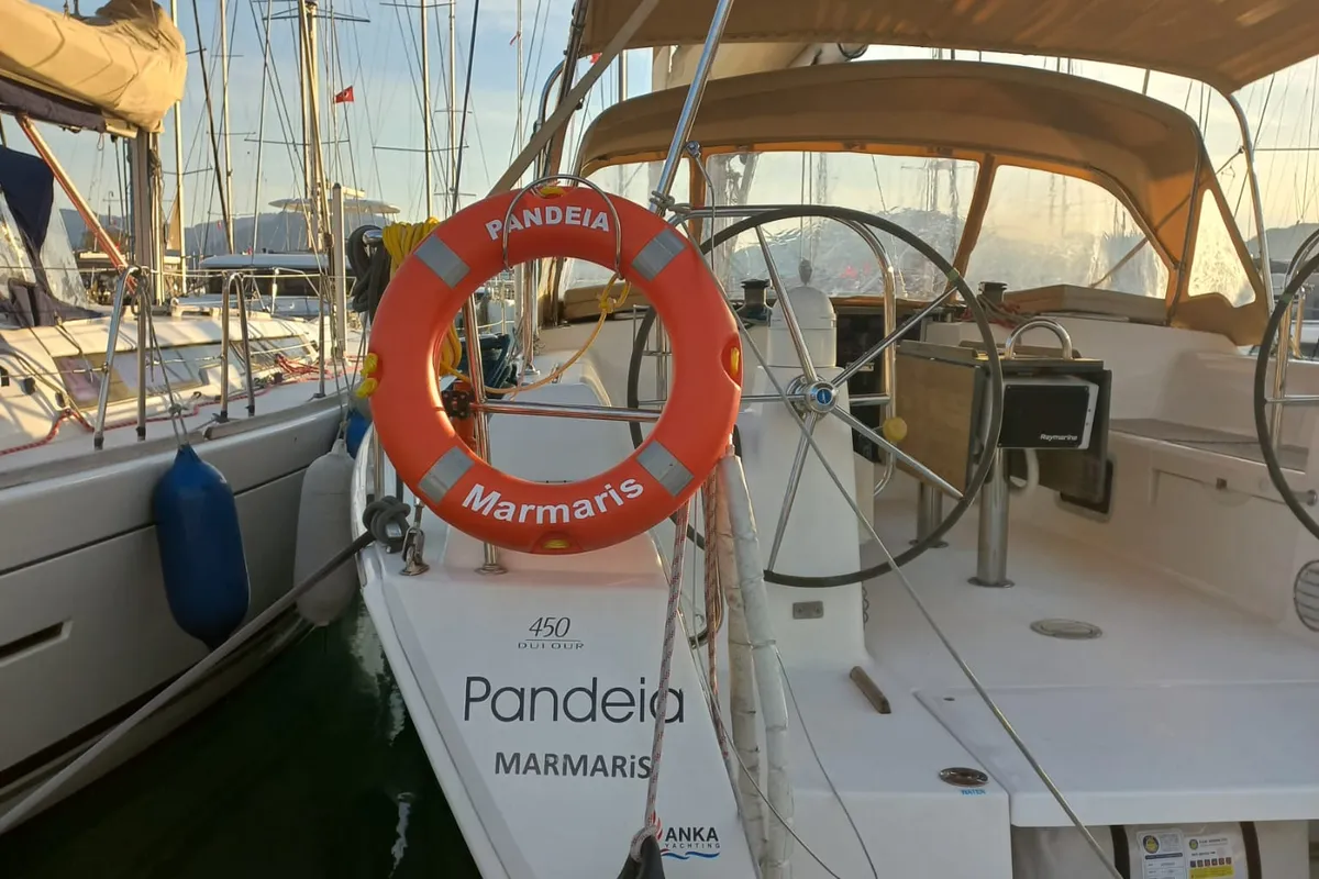 Exterior view of Pandeia, a Dufour 450 Grand Large sailboat at Marmaris, Turkey