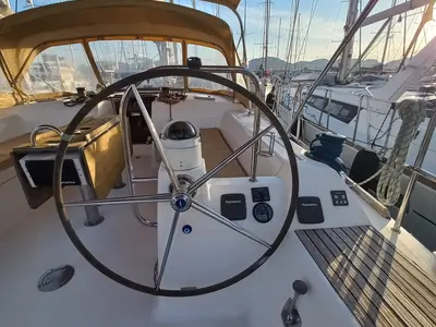Cockpit of Pandeia, a Dufour 450 Grand Large sailboat at Marmaris, Turkey