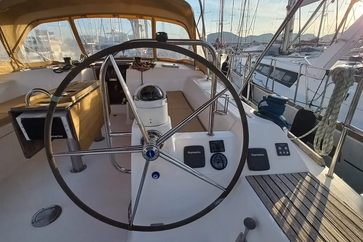 Cockpit of Pandeia, a Dufour 450 Grand Large sailboat at Marmaris, Turkey