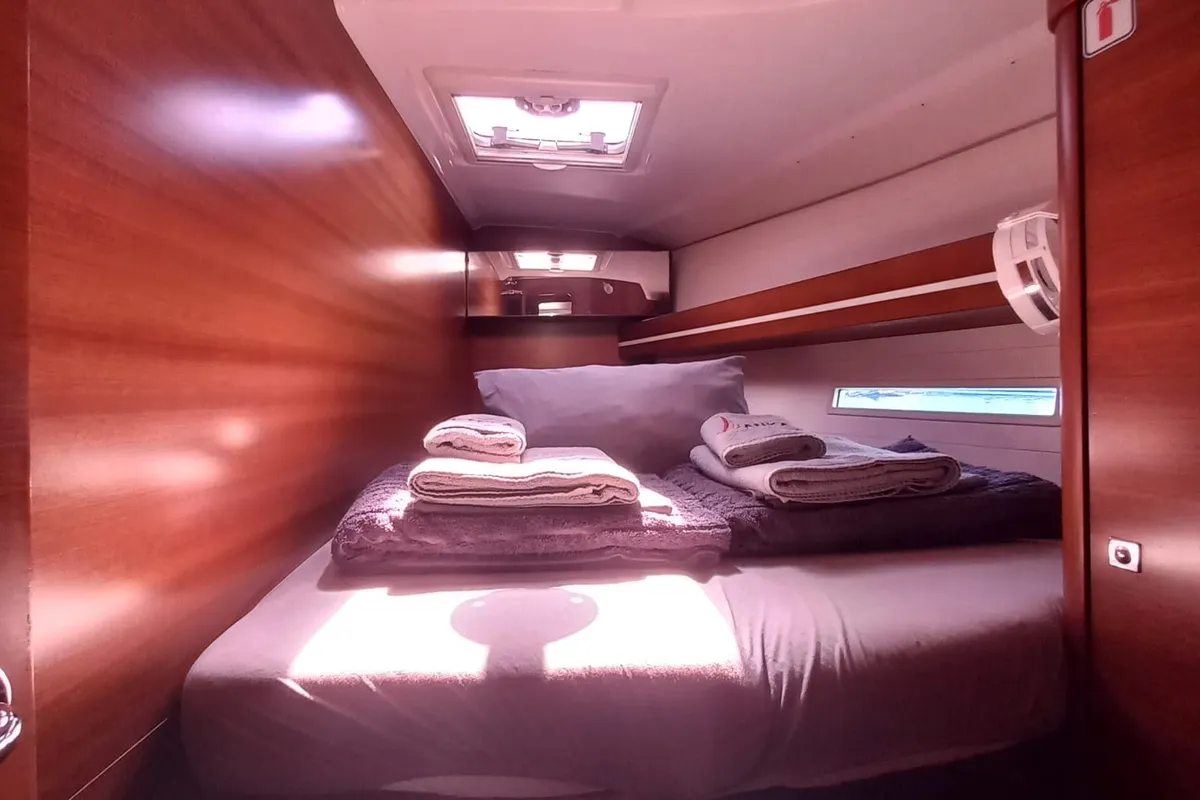 Cabin on Pandeia, a Dufour 450 Grand Large sailboat at Marmaris, Turkey