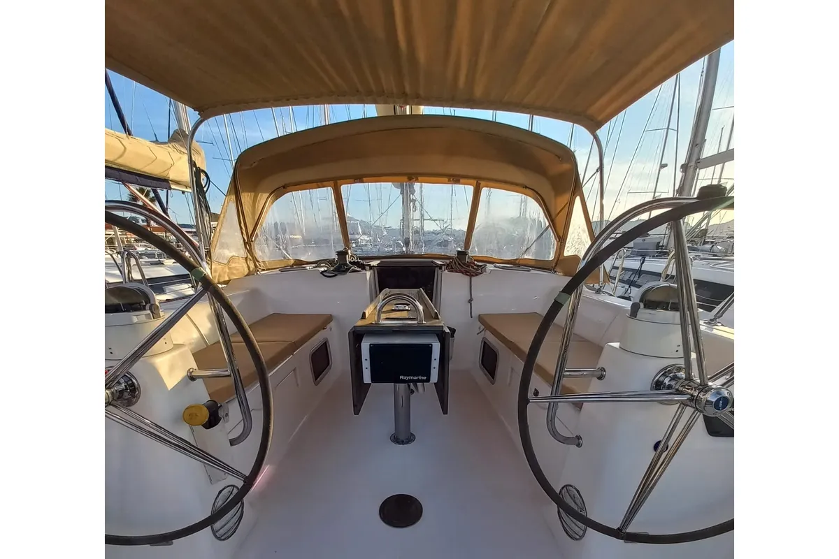 Cockpit of Pandeia, a Dufour 450 Grand Large sailboat at Marmaris, Turkey