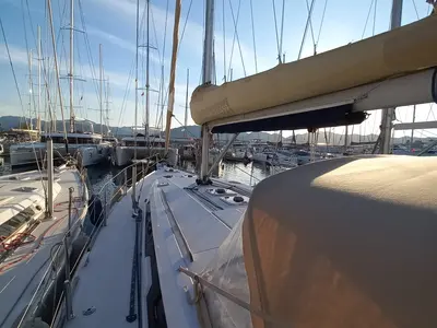 Deck of Pandeia, a Dufour 450 Grand Large sailboat at Marmaris, Turkey