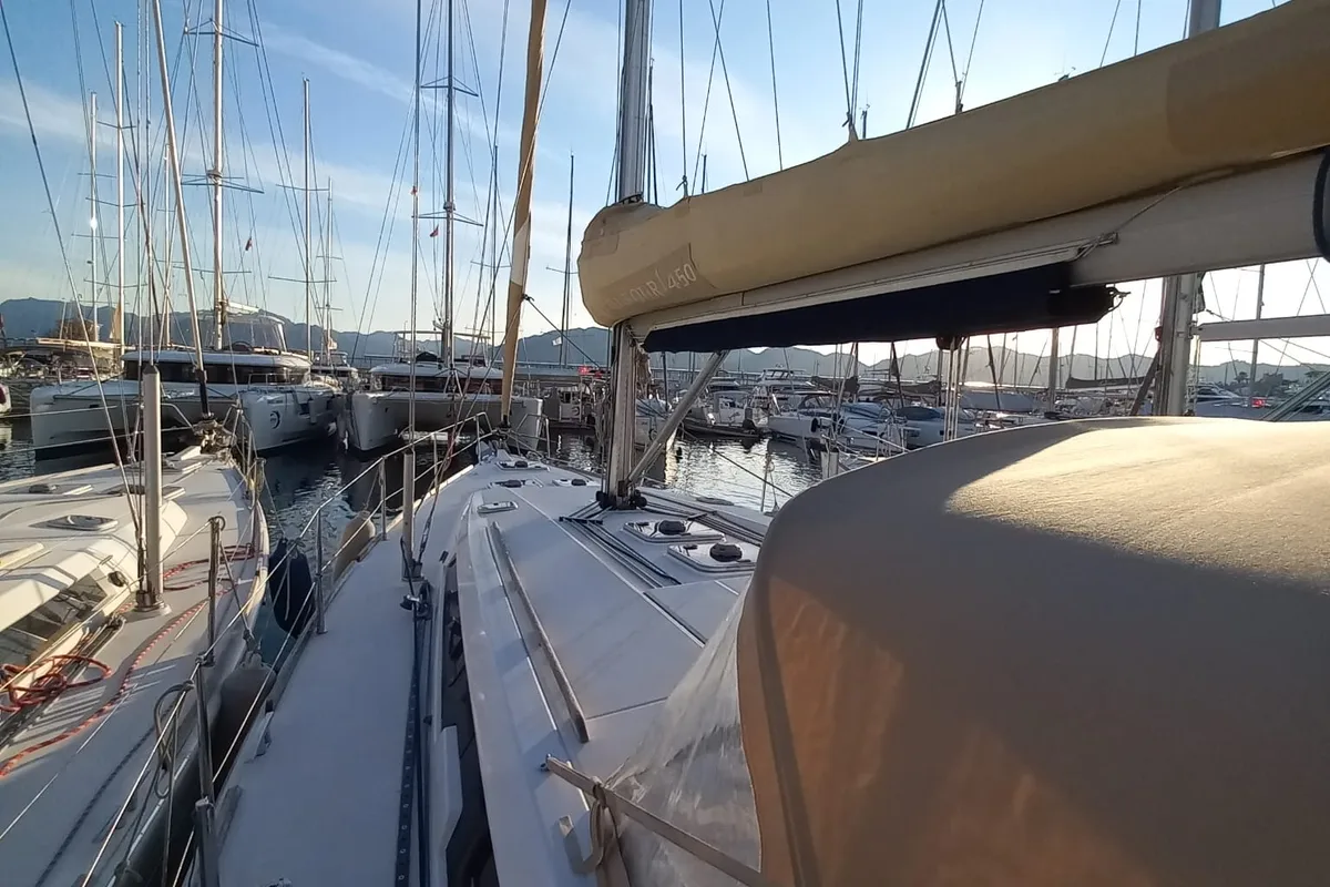 Deck of Pandeia, a Dufour 450 Grand Large sailboat at Marmaris, Turkey