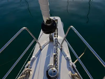 Deck of Val, a Bavaria Cruiser 46 sailboat at Grad Kaštela, Croatia