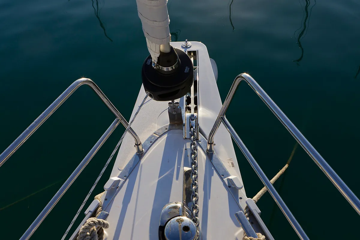 Deck of Val, a Bavaria Cruiser 46 sailboat at Grad Kaštela, Croatia