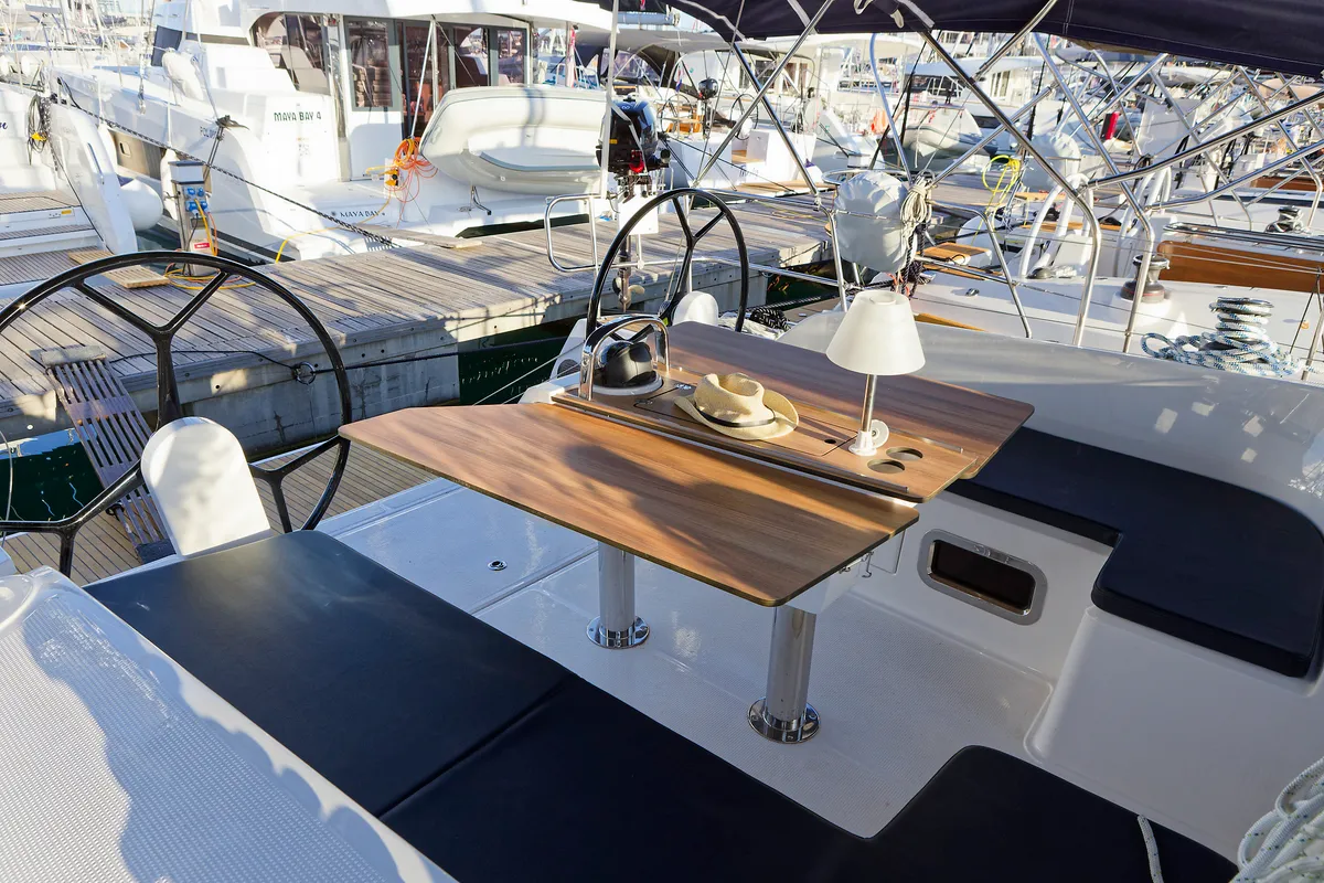 Deck of Val, a Bavaria Cruiser 46 sailboat at Grad Kaštela, Croatia