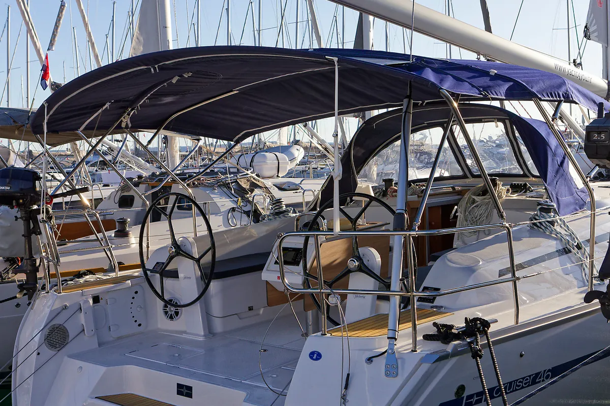 Deck of Val, a Bavaria Cruiser 46 sailboat at Grad Kaštela, Croatia
