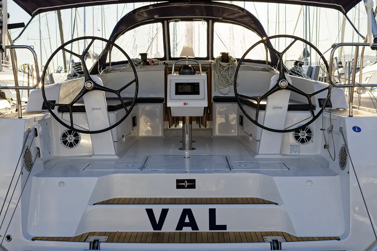 Deck of Val, a Bavaria Cruiser 46 sailboat at Grad Kaštela, Croatia