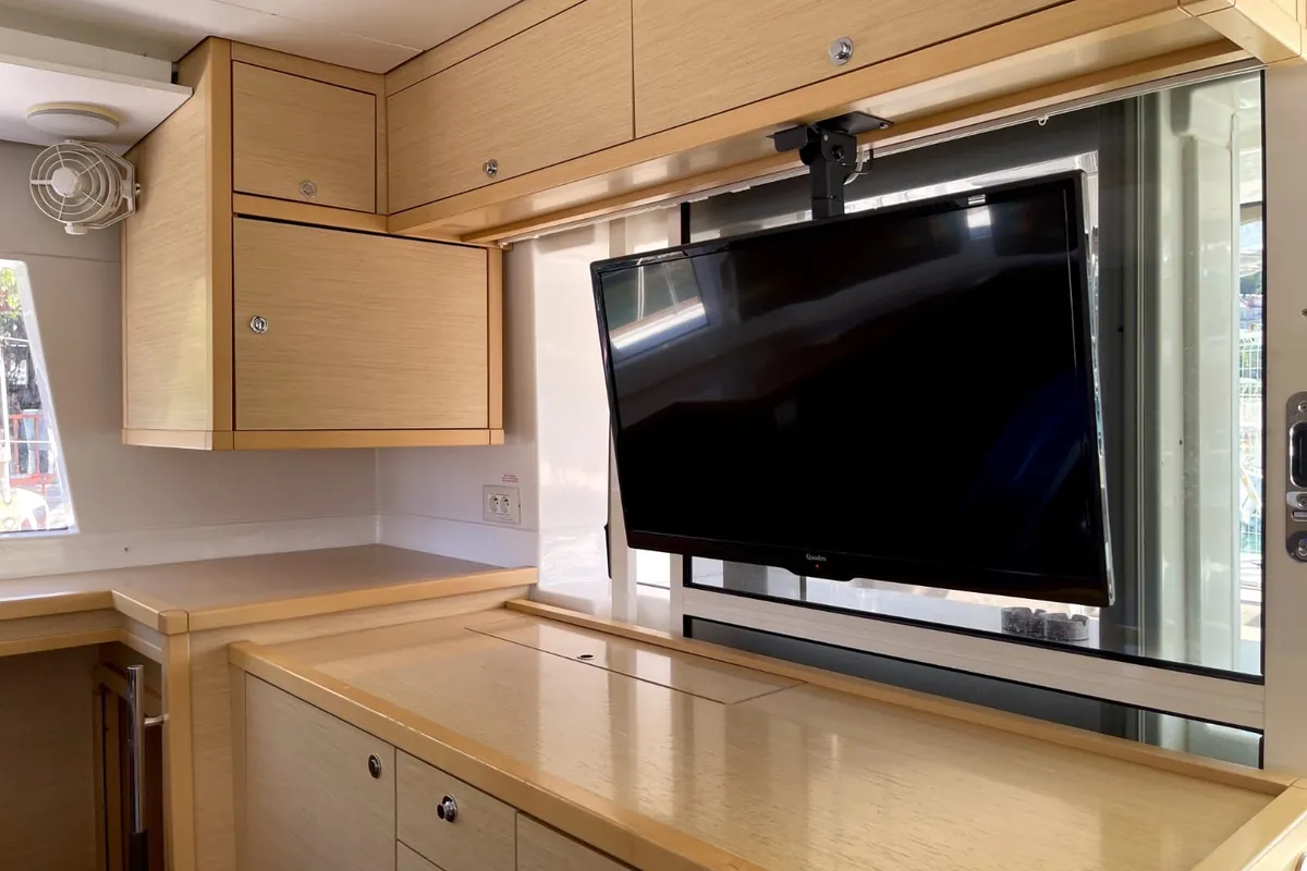 Salon of Altair, a Lagoon 450 F catamaran at Athens, Greece