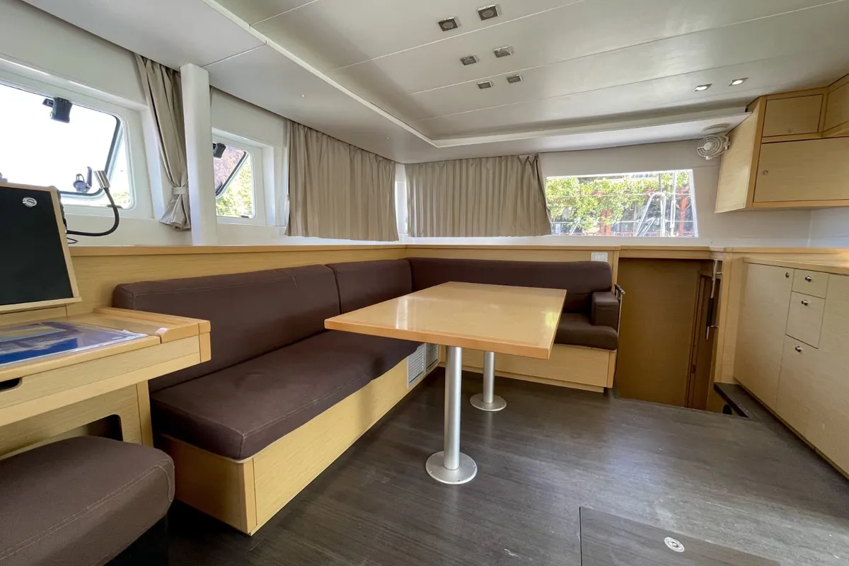 Salon of Altair, a Lagoon 450 F catamaran at Athens, Greece