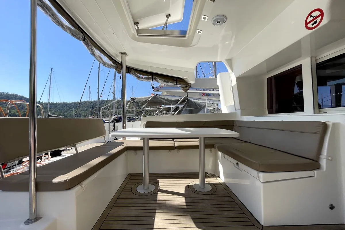 Deck of Altair, a Lagoon 450 F catamaran at Athens, Greece