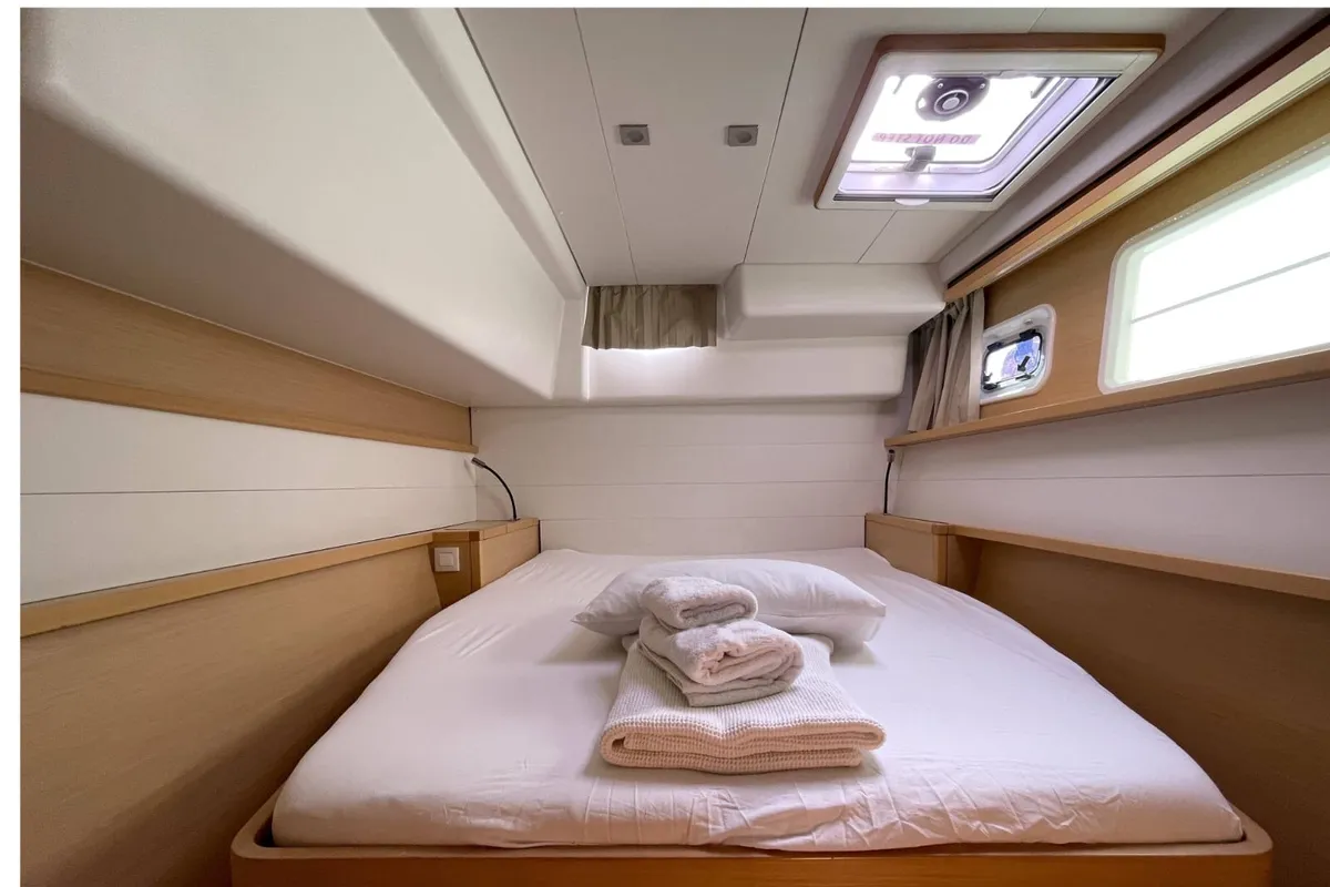 Cabin on Altair, a Lagoon 450 F catamaran at Athens, Greece