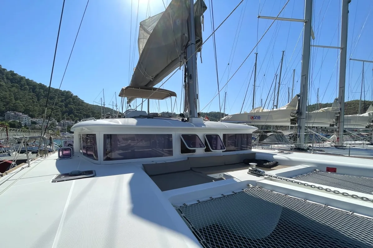 Deck of Altair, a Lagoon 450 F catamaran at Athens, Greece
