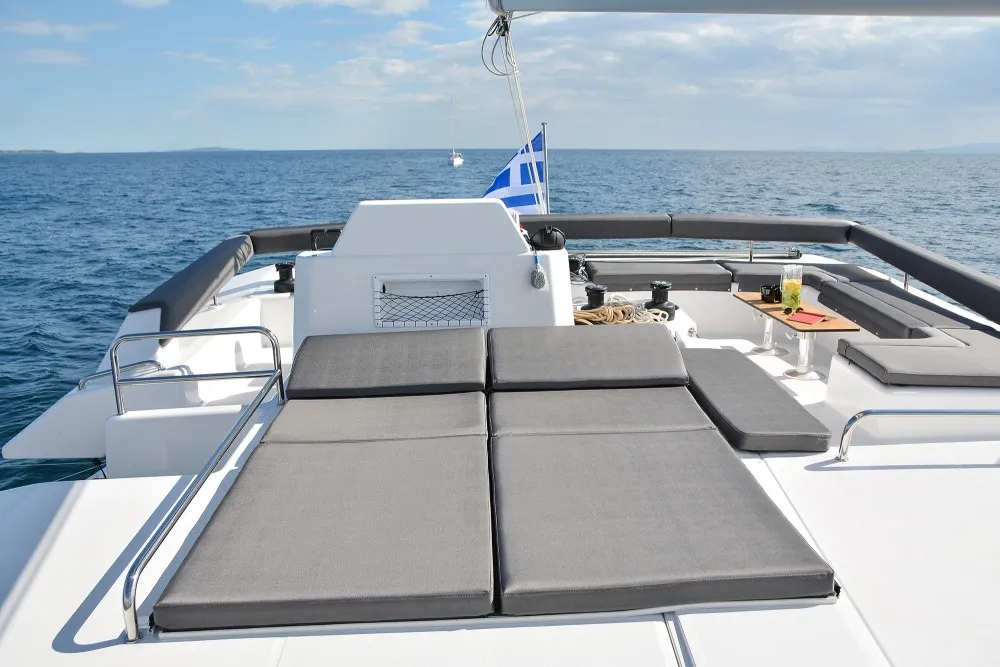 Deck of Paris, a Dufour Catamaran 48 catamaran at Capo d'Orlando, Italy