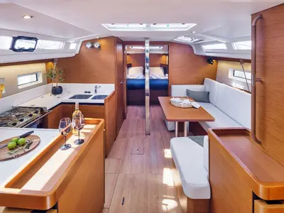 Salon of Thousand Sunny, a Jeanneau Sun Odyssey 440 sailboat at Rhodes, Greece