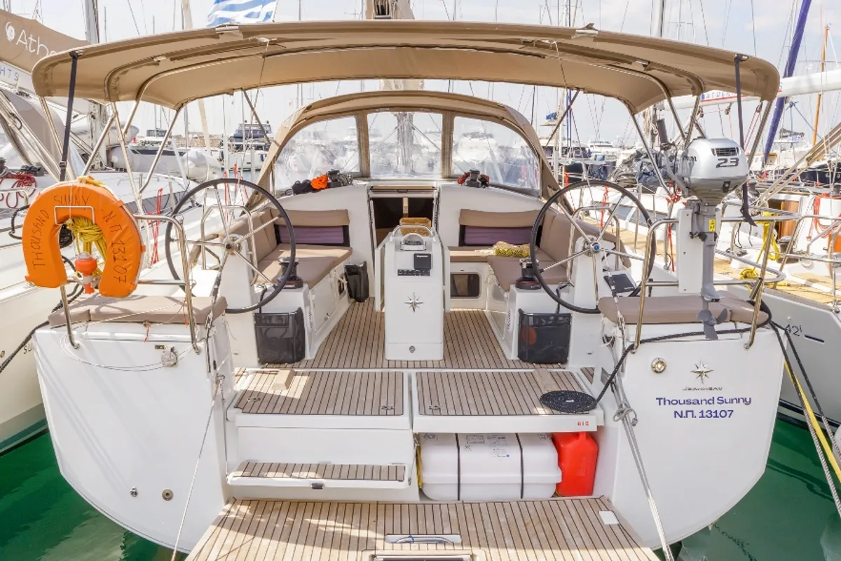 Cockpit of Thousand Sunny, a Jeanneau Sun Odyssey 440 sailboat at Municipal Unit of Rhodes, Greece