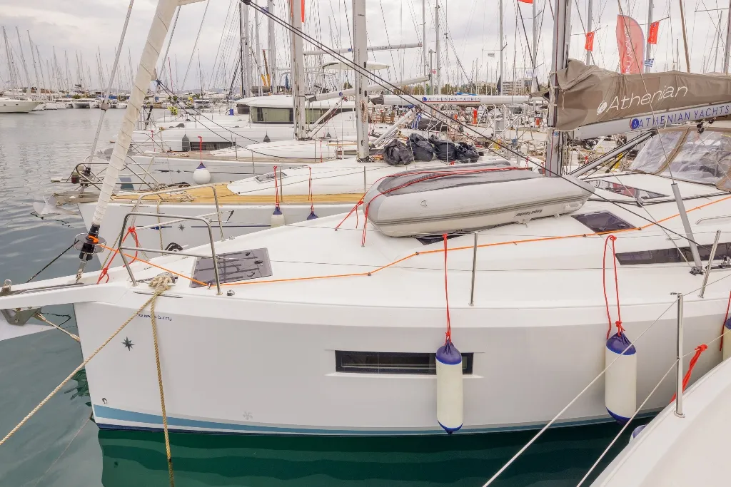 Exterior view of Thousand Sunny, a Jeanneau Sun Odyssey 440 sailboat at Municipal Unit of Rhodes, Greece