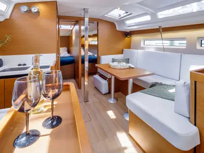 Salon of Thousand Sunny, a Jeanneau Sun Odyssey 440 sailboat at Municipal Unit of Rhodes, Greece