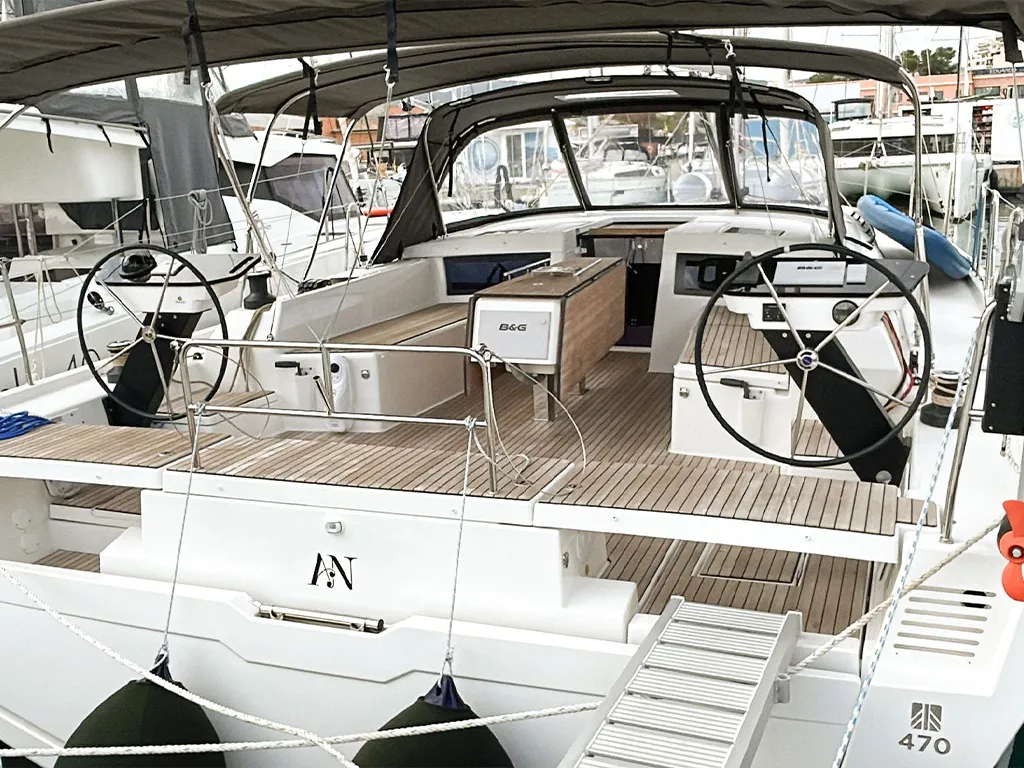 Cockpit of AN, a Dufour 470 sailboat at es Jonquet, Spain