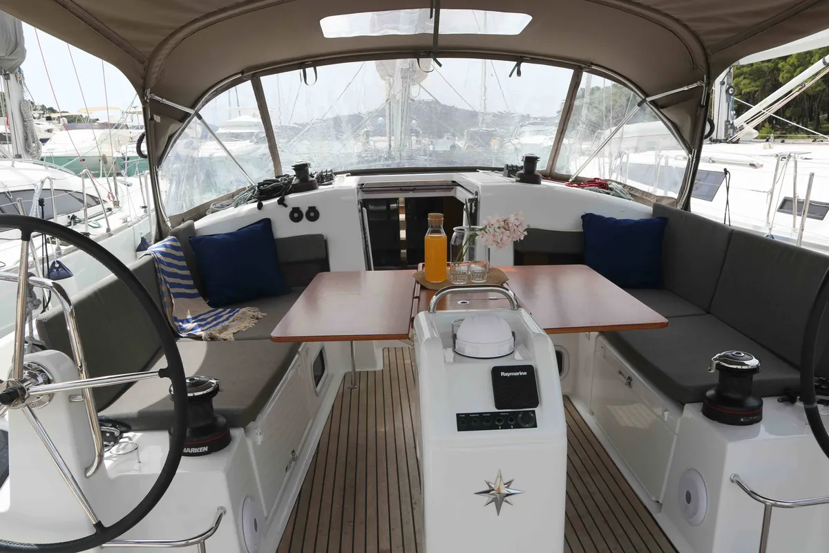 Cockpit of Bohemian Rhapsody, a Jeanneau Sun Odyssey 440 sailboat at Općina Sukošan, Croatia